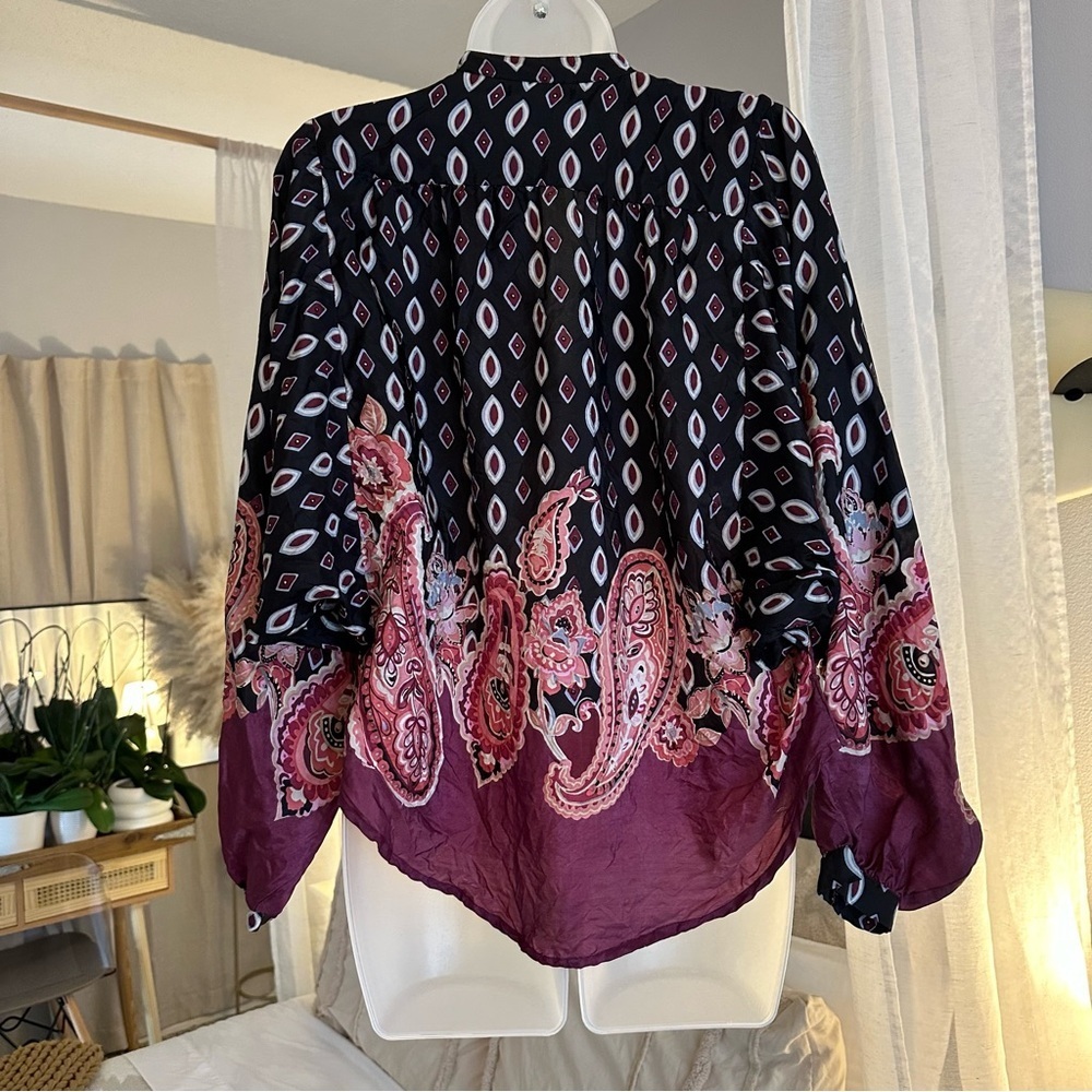 Lucky Brand 100% Silk Batwing Oversized Balloon Sleeve Paisley Burgundy Top XS - Picture 6 of 11
